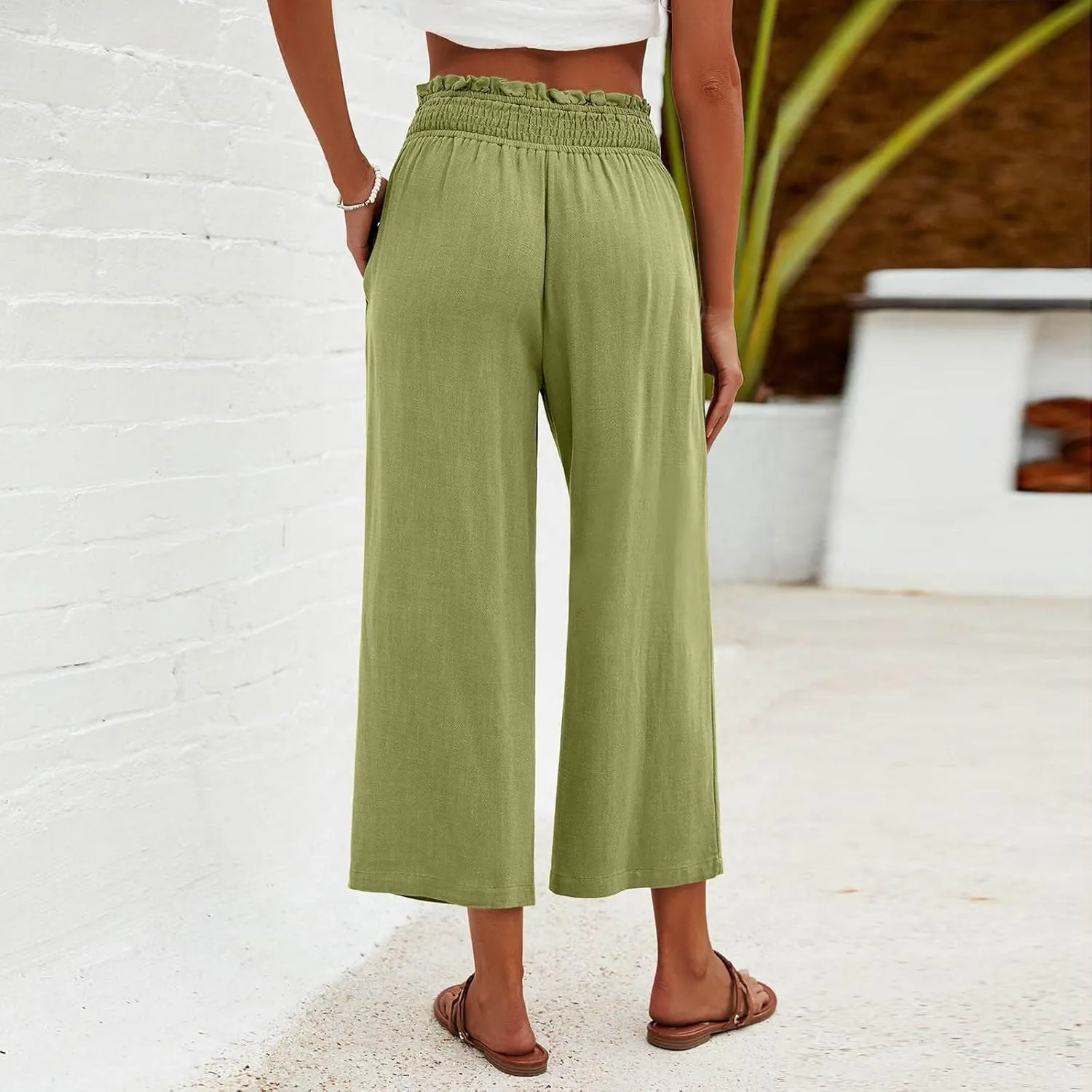 Women's Cotton Linen Pants Summer Solid Color Elastic Waist Capris with Pocket Outdoor Sports Palazzo Trousers 2025