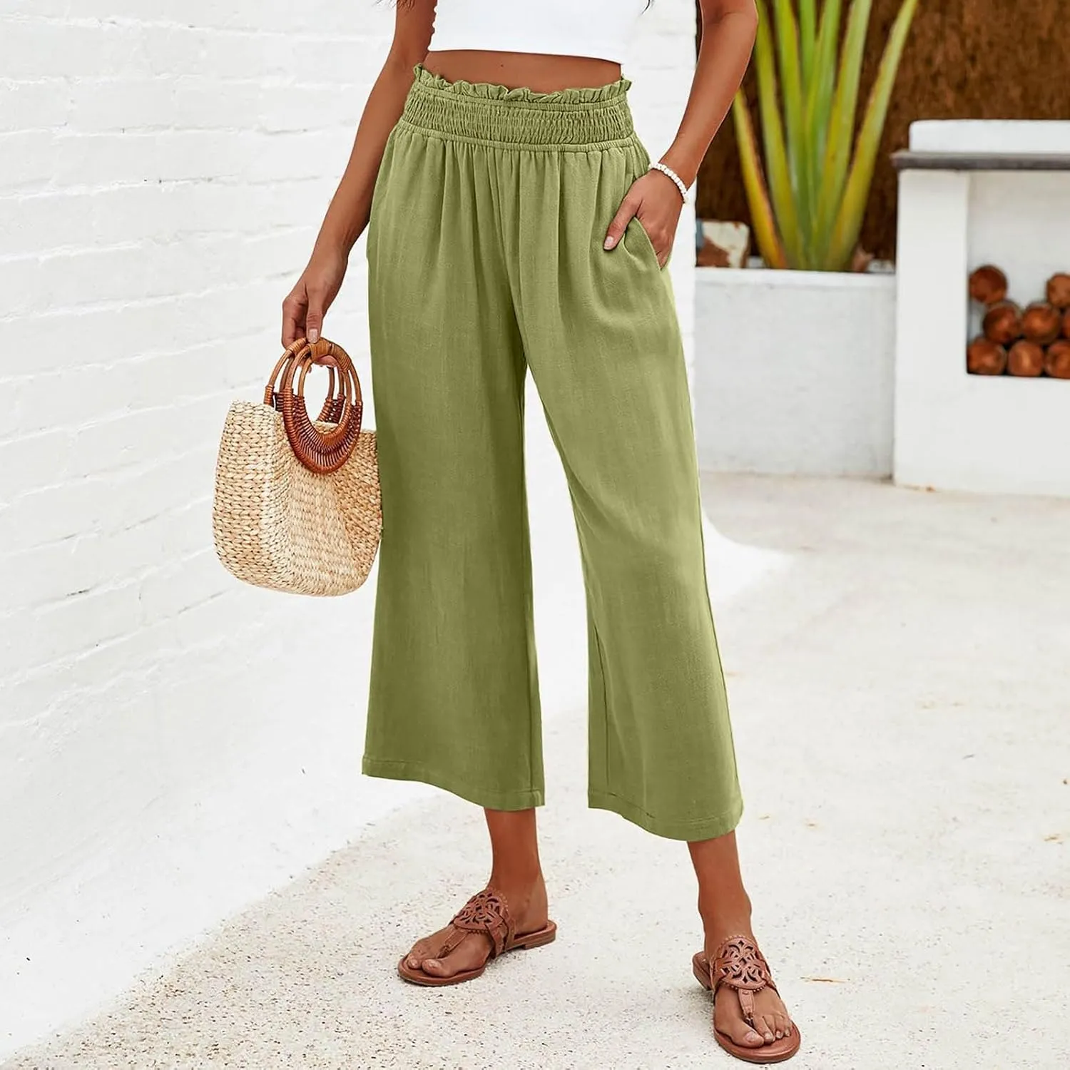 Women's Cotton Linen Pants Summer Solid Color Elastic Waist Capris with Pocket Outdoor Sports Palazzo Trousers 2025