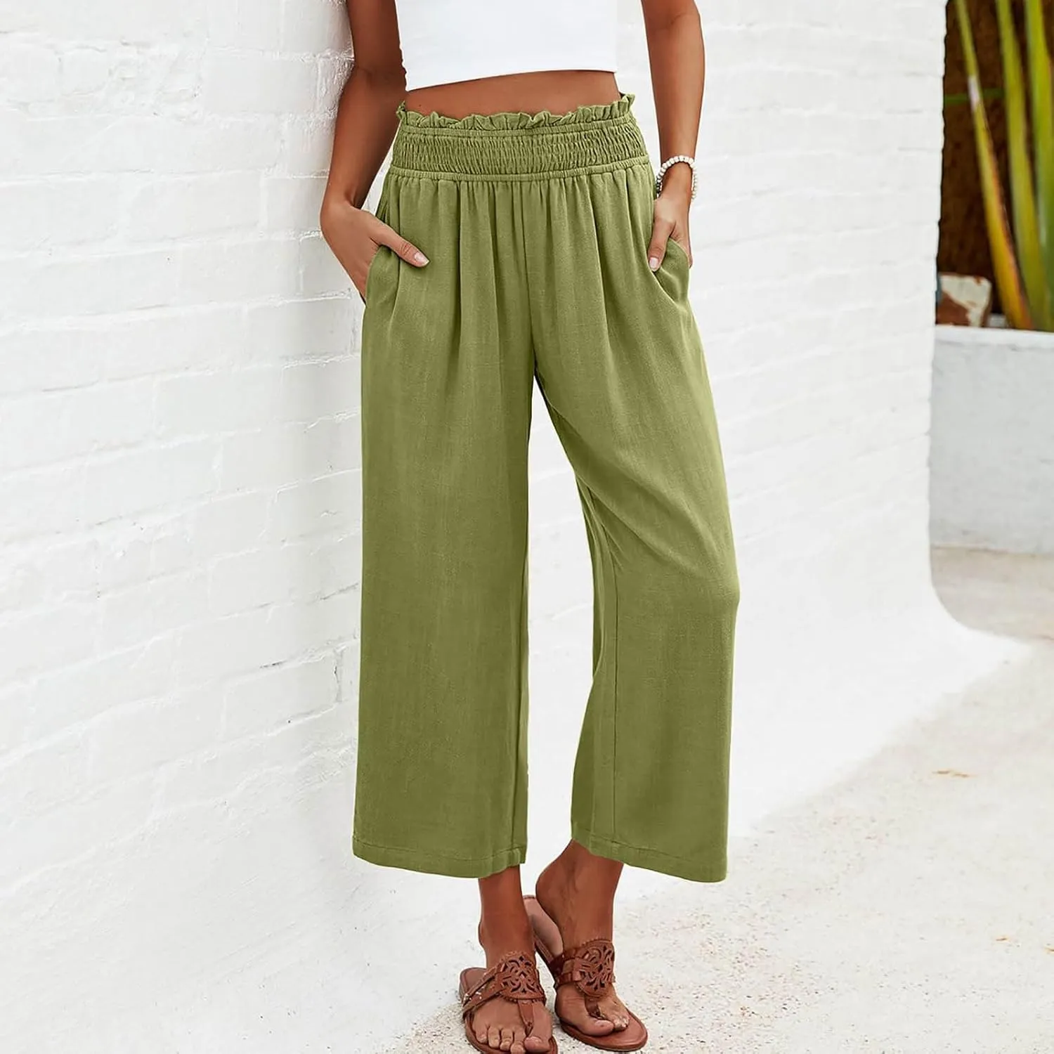 Women's Cotton Linen Pants Summer Solid Color Elastic Waist Capris with Pocket Outdoor Sports Palazzo Trousers 2025