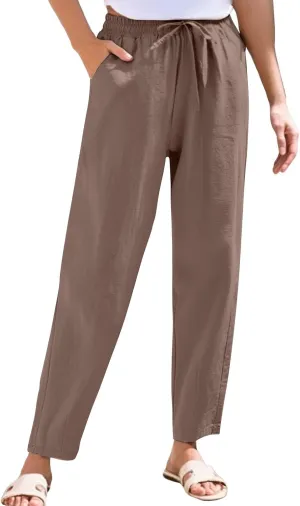 Womens Cotton Linen Straight Leg Pants Elastic Waist Drawstring Casual Trousers with Pockets Summer Beach Lounge Pant