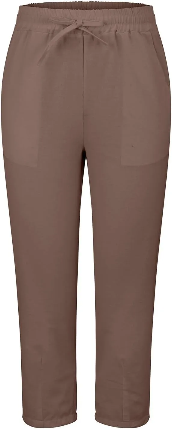 Womens Cotton Linen Straight Leg Pants Elastic Waist Drawstring Casual Trousers with Pockets Summer Beach Lounge Pant