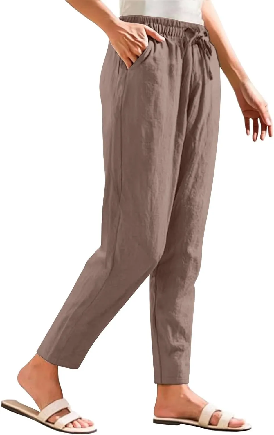 Womens Cotton Linen Straight Leg Pants Elastic Waist Drawstring Casual Trousers with Pockets Summer Beach Lounge Pant