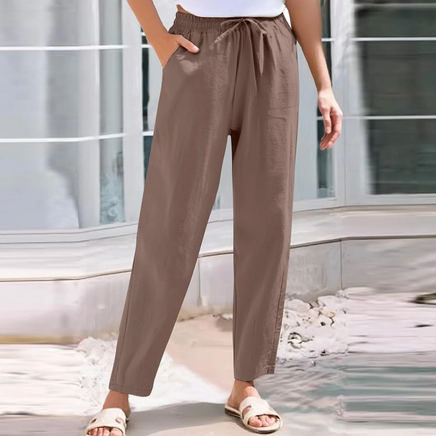 Womens Cotton Linen Straight Leg Pants Elastic Waist Drawstring Casual Trousers with Pockets Summer Beach Lounge Pant