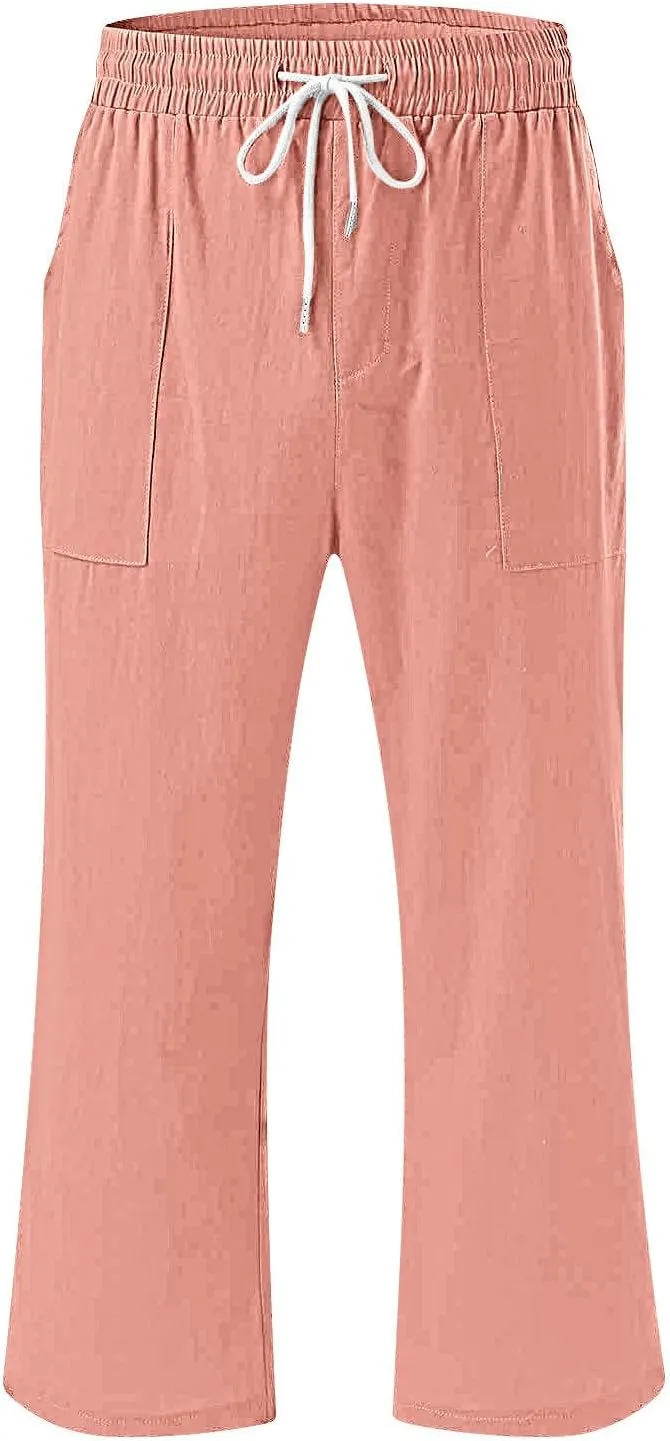 Women's Cropped Trousers Cotton and Linen High Waist Drawstring Double Pocket Summer Casual Soft Holiday Pants