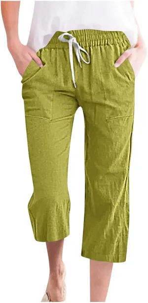 Women's Cropped Trousers Cotton and Linen High Waist Drawstring Double Pocket Summer Casual Soft Holiday Pants