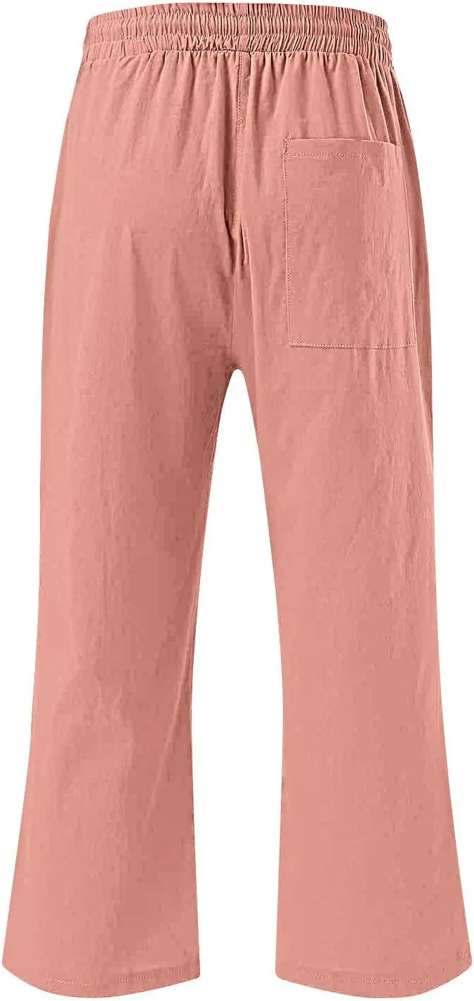 Women's Cropped Trousers Cotton and Linen High Waist Drawstring Double Pocket Summer Casual Soft Holiday Pants