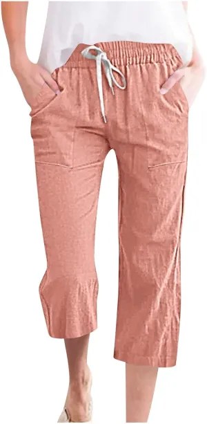 Women's Cropped Trousers Cotton and Linen High Waist Drawstring Double Pocket Summer Casual Soft Holiday Pants