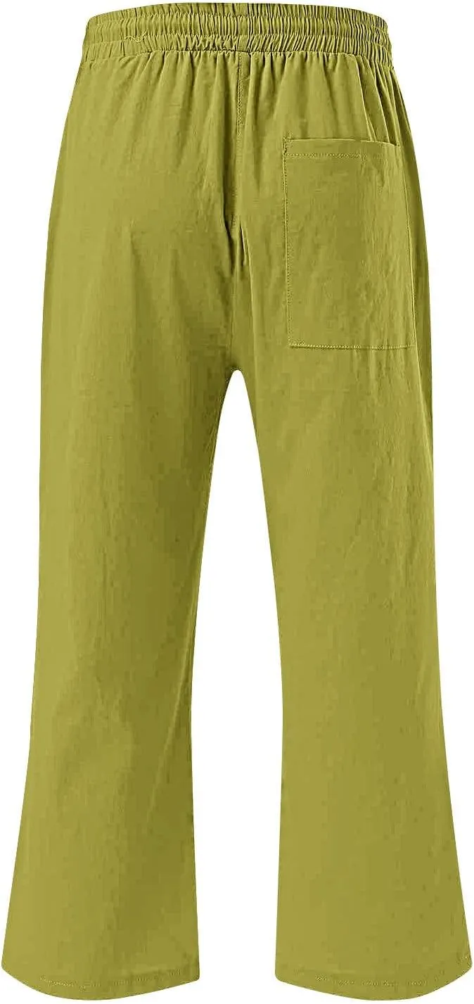 Women's Cropped Trousers Cotton and Linen High Waist Drawstring Double Pocket Summer Casual Soft Holiday Pants