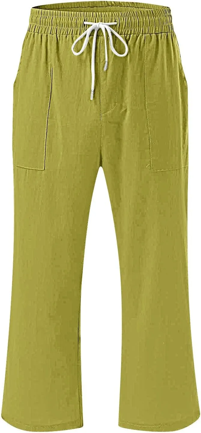 Women's Cropped Trousers Cotton and Linen High Waist Drawstring Double Pocket Summer Casual Soft Holiday Pants