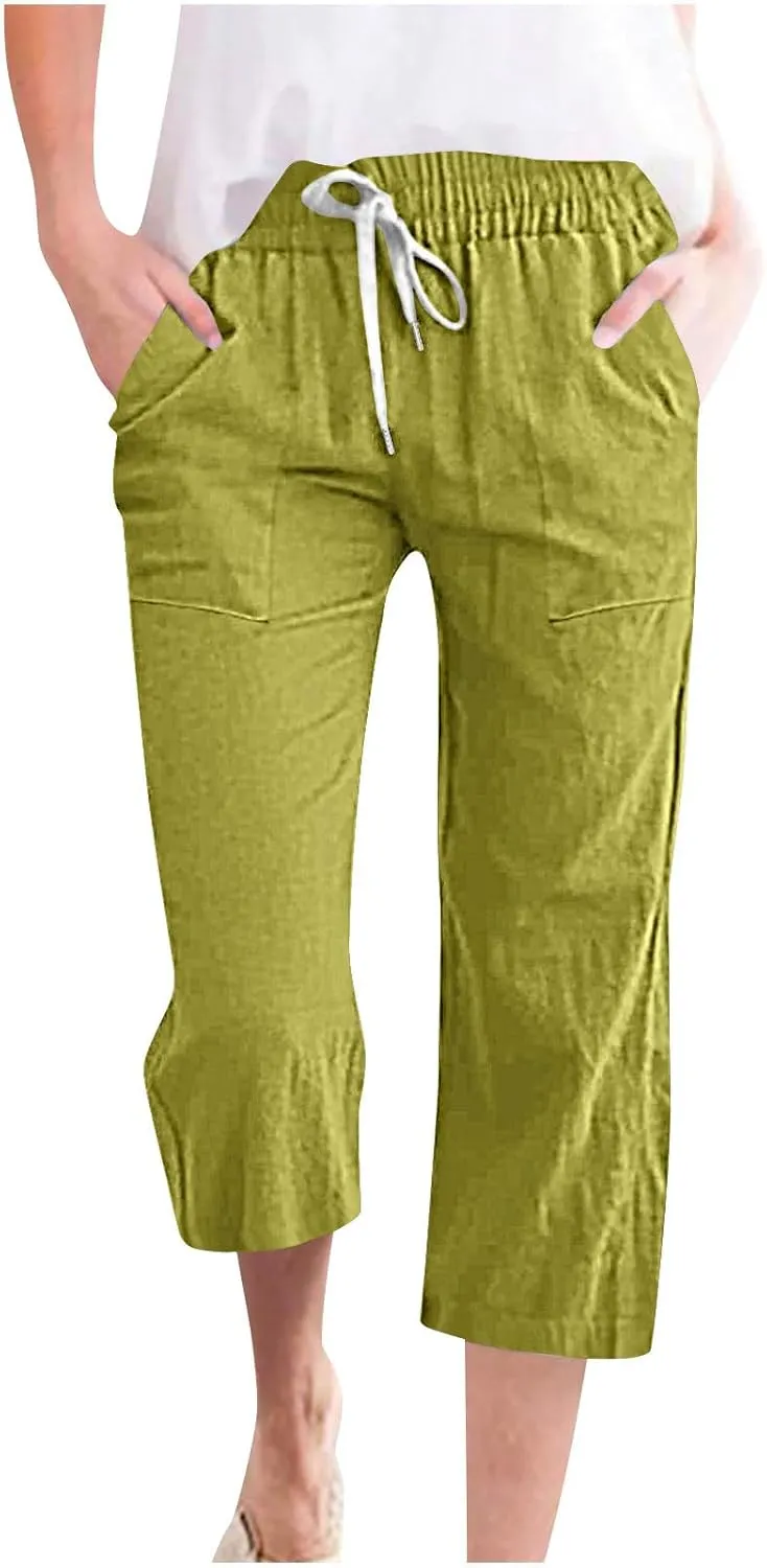 Women's Cropped Trousers Cotton and Linen High Waist Drawstring Double Pocket Summer Casual Soft Holiday Pants