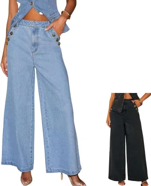 Women's Denim 2 Piece Set Sleeveless Button Vest Tops and Wide Leg Jeans Pantsuits Sets