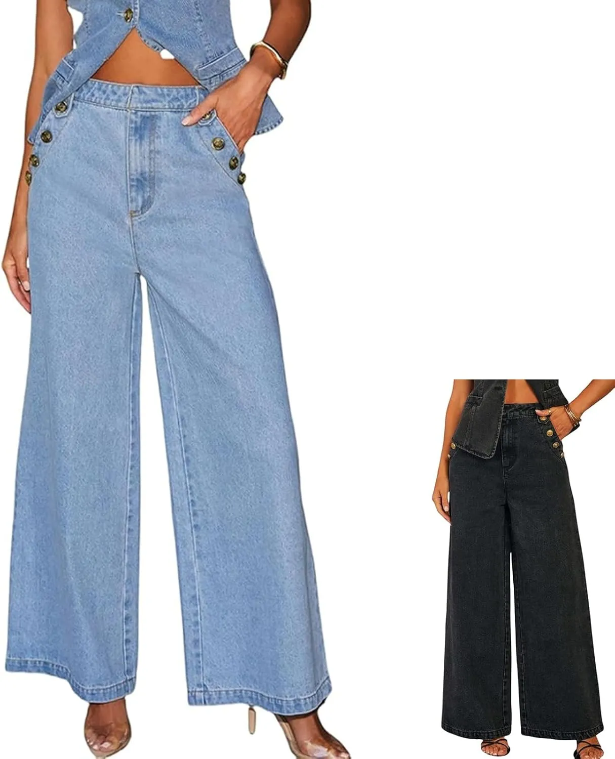 Women's Denim 2 Piece Set Sleeveless Button Vest Tops and Wide Leg Jeans Pantsuits Sets