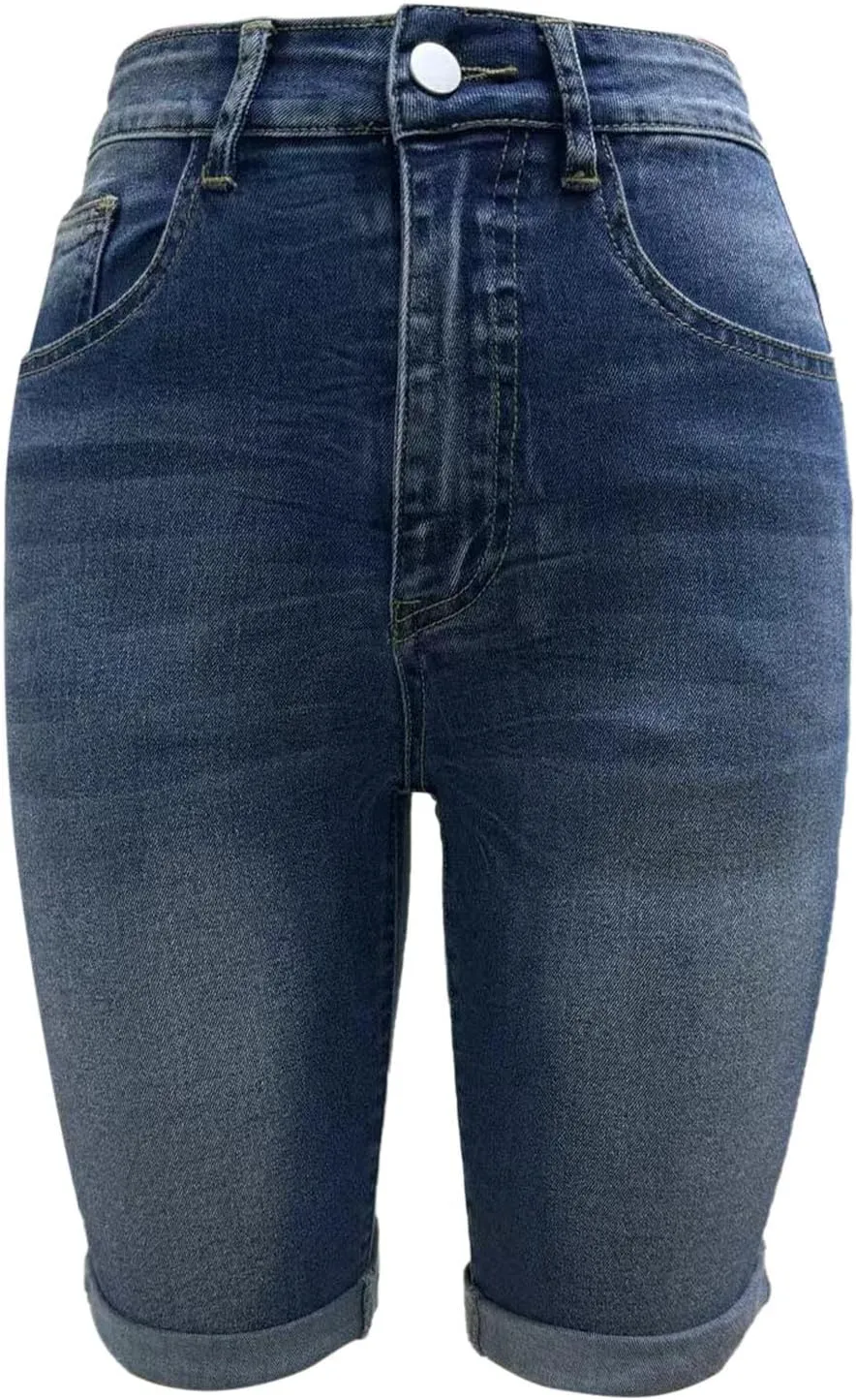 Womens Denim Bermuda Short Trendy Casual Summer 2025 High Waisted Stretchy Girls Knee Length Jean Shorts with Pockets