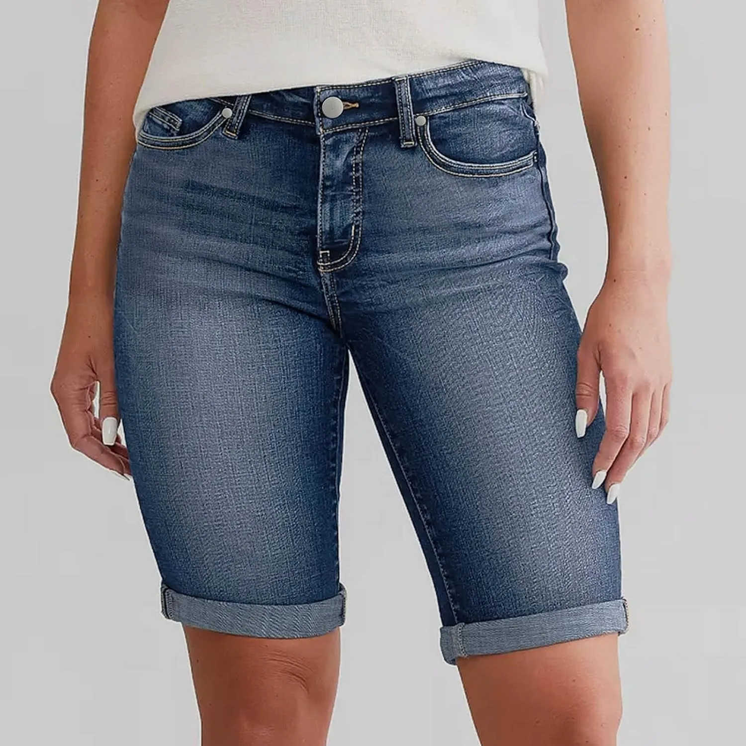 Womens Denim Bermuda Short Trendy Casual Summer 2025 High Waisted Stretchy Girls Knee Length Jean Shorts with Pockets