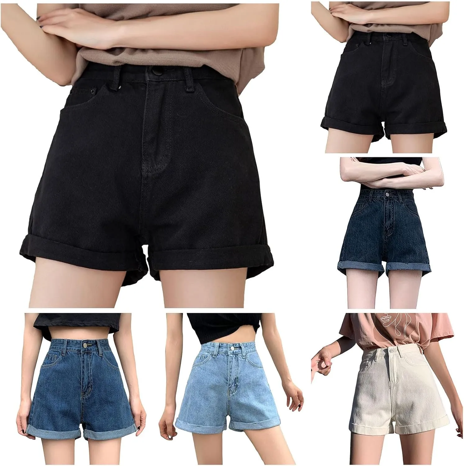 Womens Denim Jean Shorts High Waisted Trendy Summer Wide Leg Stretchy Baggy Folded Hem Y2k Girls Hot Shorts Pants