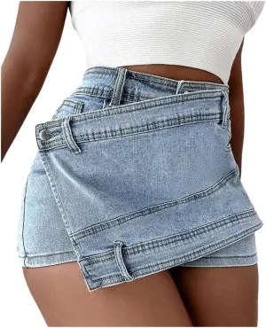 Women's Denim Short Jeans High Waist Wide-Leg Trouser Solid Color Jean Short Summer Casual