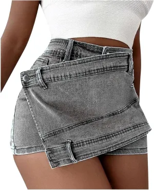 Women's Denim Short Jeans High Waist Wide-Leg Trouser Solid Color Jean Short Summer Casual