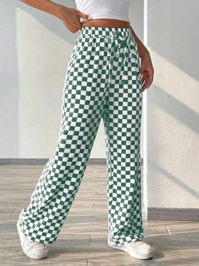 Women's Drawstring Checkered Trousers High Waist Plaid Wide Leg Pants Y2k Streetwear Straight Pants with Pockets