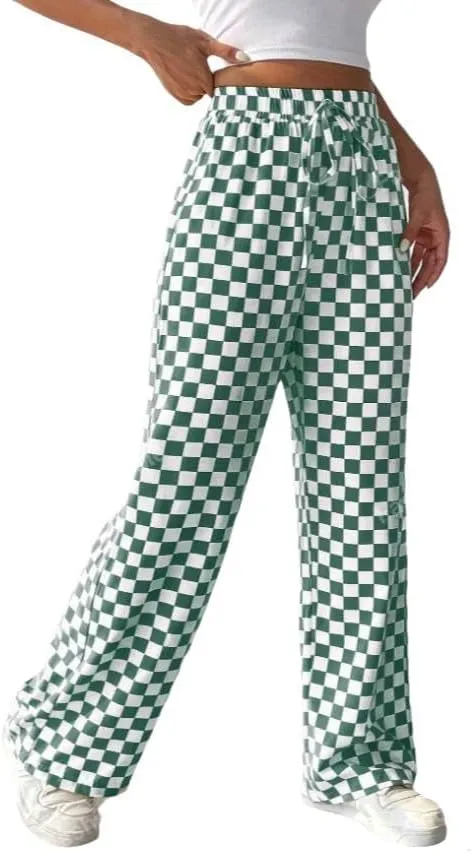 Women's Drawstring Checkered Trousers High Waist Plaid Wide Leg Pants Y2k Streetwear Straight Pants with Pockets