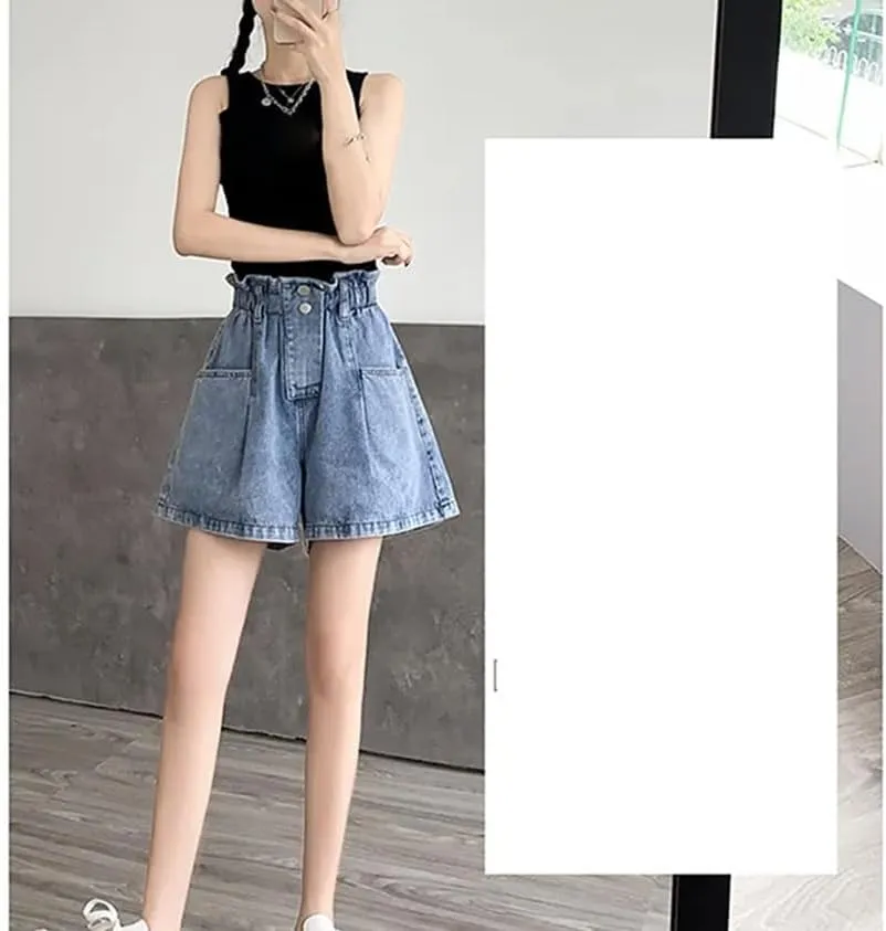 Women's Elastic High-Waisted Denim Shorts Summer Loose Pants Skirt
