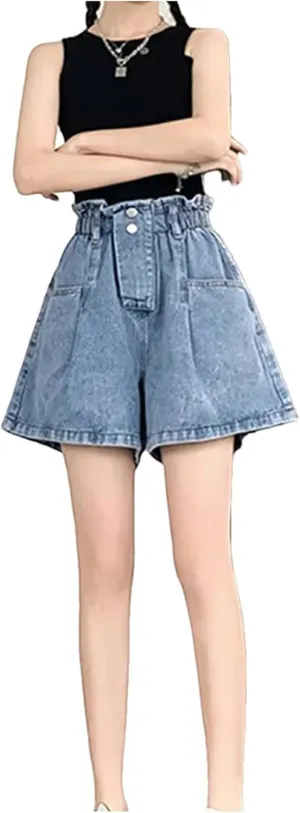 Women's Elastic High-Waisted Denim Shorts Summer Loose Pants Skirt