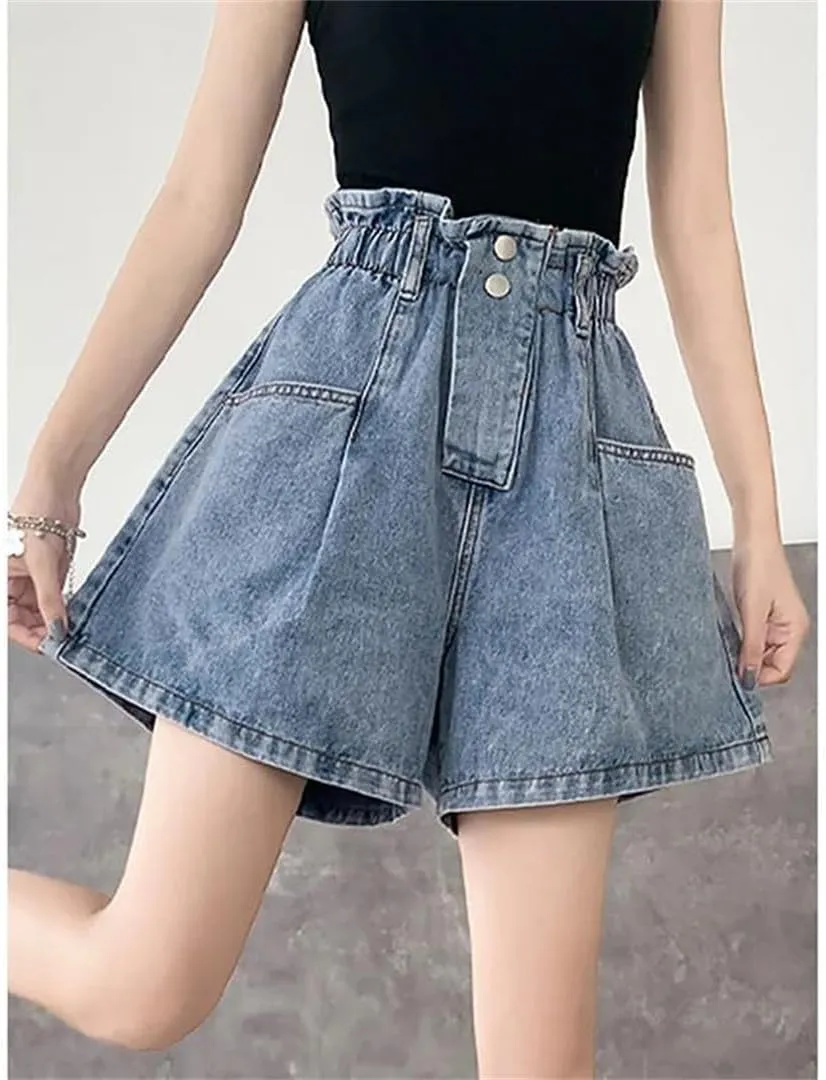 Women's Elastic High-Waisted Denim Shorts Summer Loose Pants Skirt