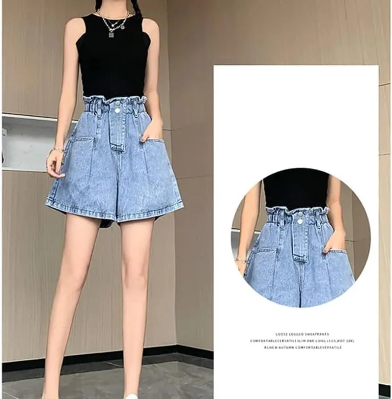 Women's Elastic High-Waisted Denim Shorts Summer Loose Pants Skirt