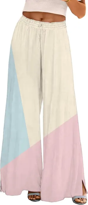 Womens Elastic High Waisted Palazzo Pants Casual Wide Leg Long Casual Lounge Pant Trousers with Pocket