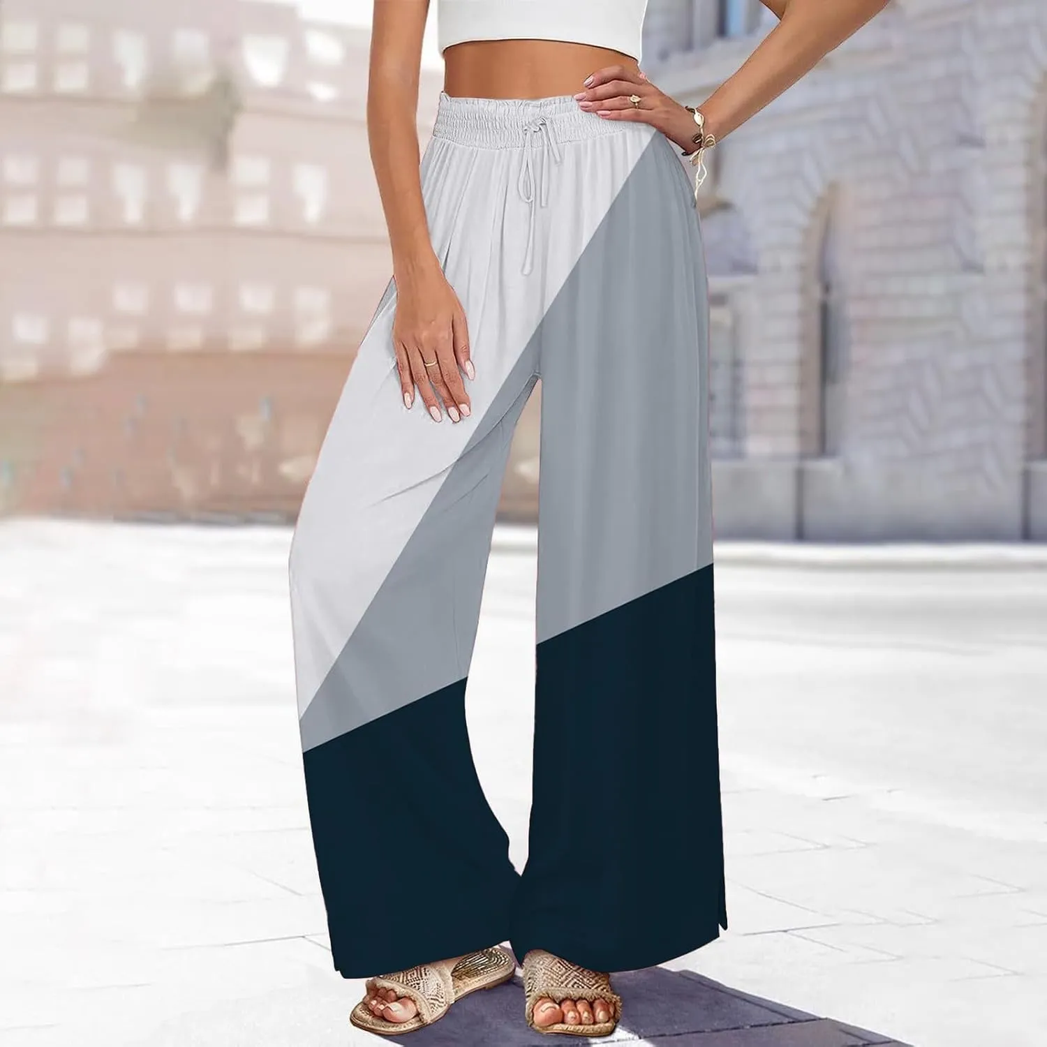 Womens Elastic High Waisted Palazzo Pants Casual Wide Leg Long Casual Lounge Pant Trousers with Pocket