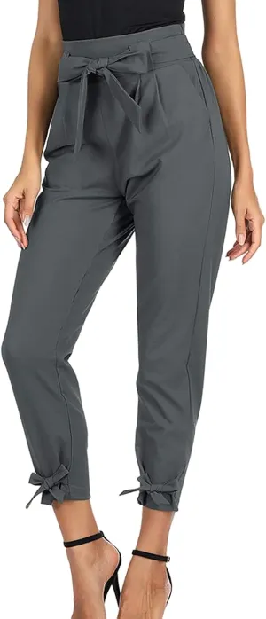 Women's Faux Leather Pants High Waisted PU Leggings Stretchy Tights Solid Pencil Pants with Bow Tie Belt and Pockets