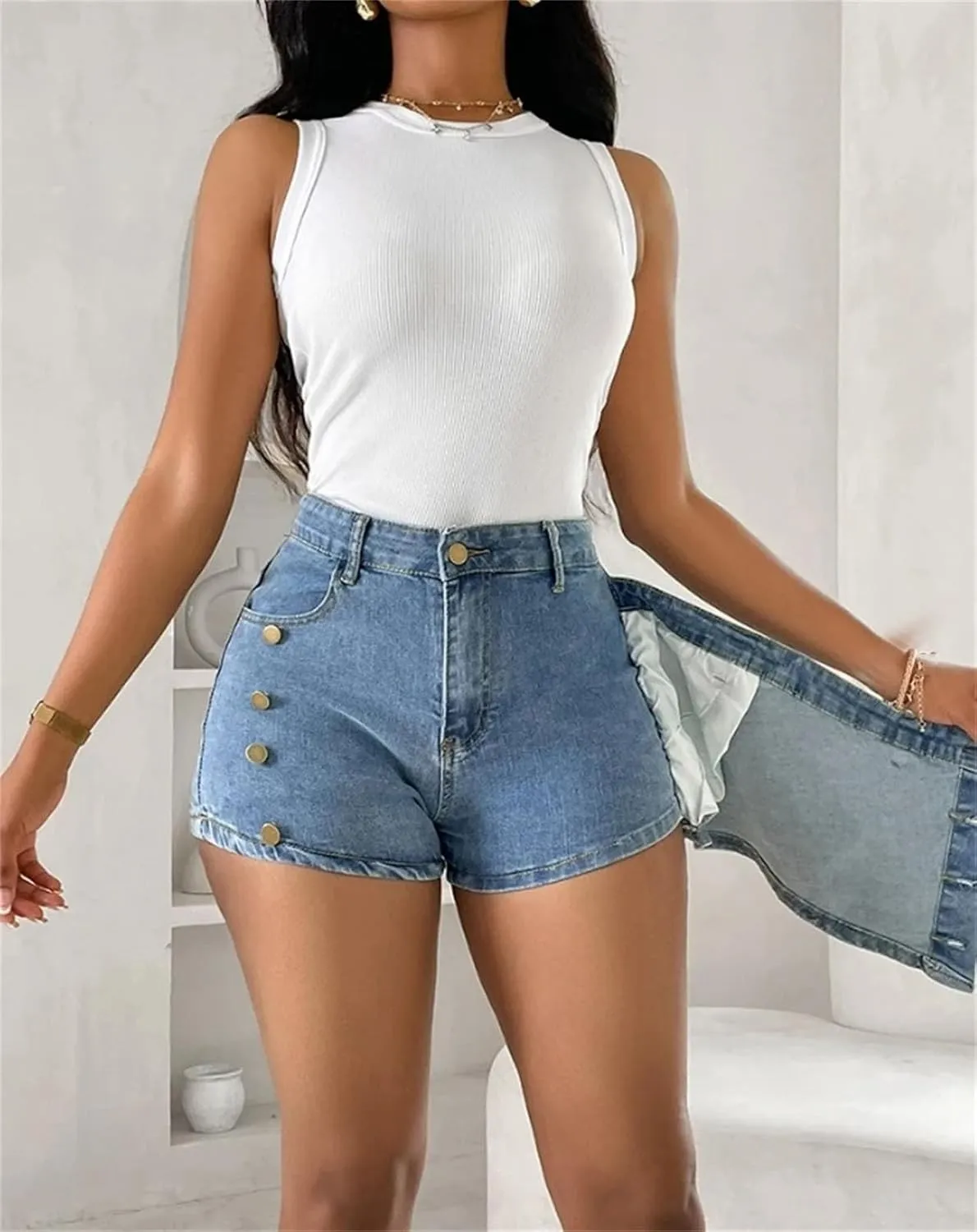 Women's High Waisted A Line Spliced Denim Skirt Pants Washed Distressed Singlebreasted Retro Denim Shorts