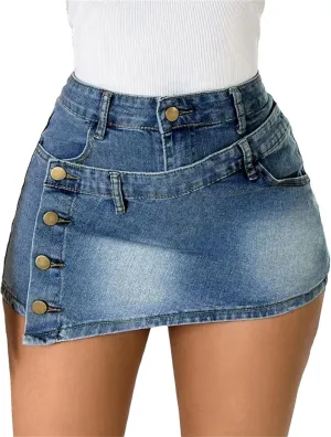 Women's High Waisted A Line Spliced Denim Skirt Pants Washed Distressed Singlebreasted Retro Denim Shorts