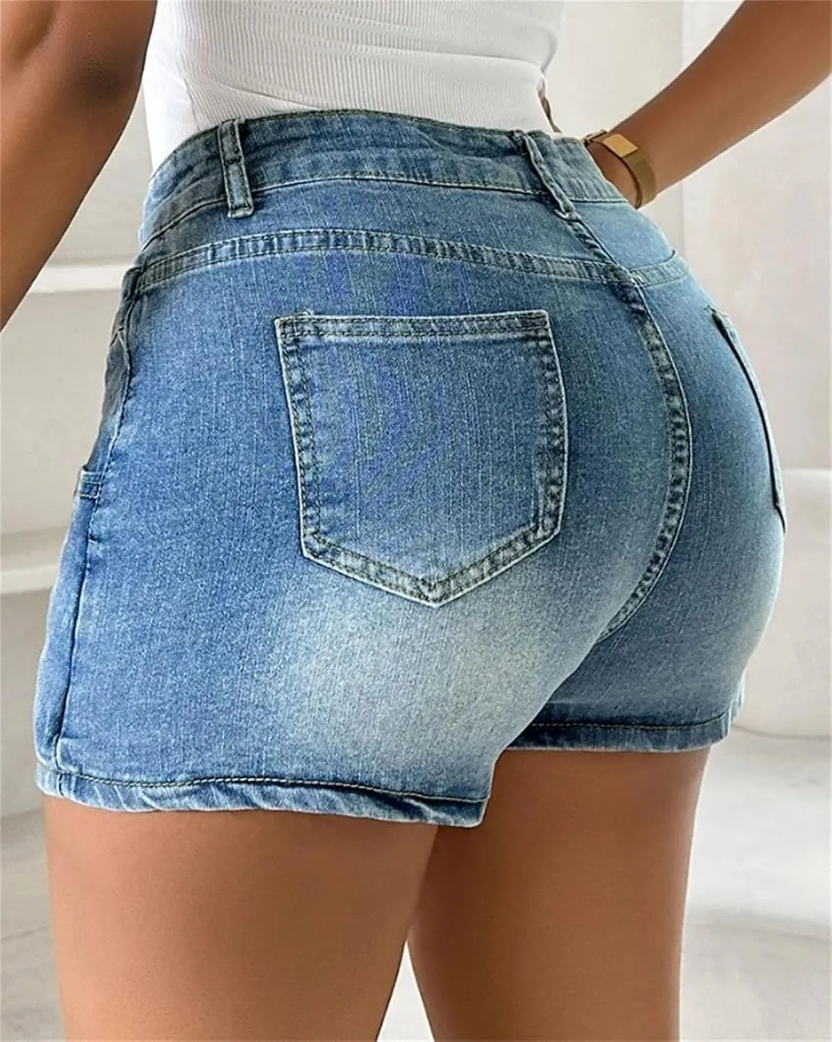 Women's High Waisted A Line Spliced Denim Skirt Pants Washed Distressed Singlebreasted Retro Denim Shorts