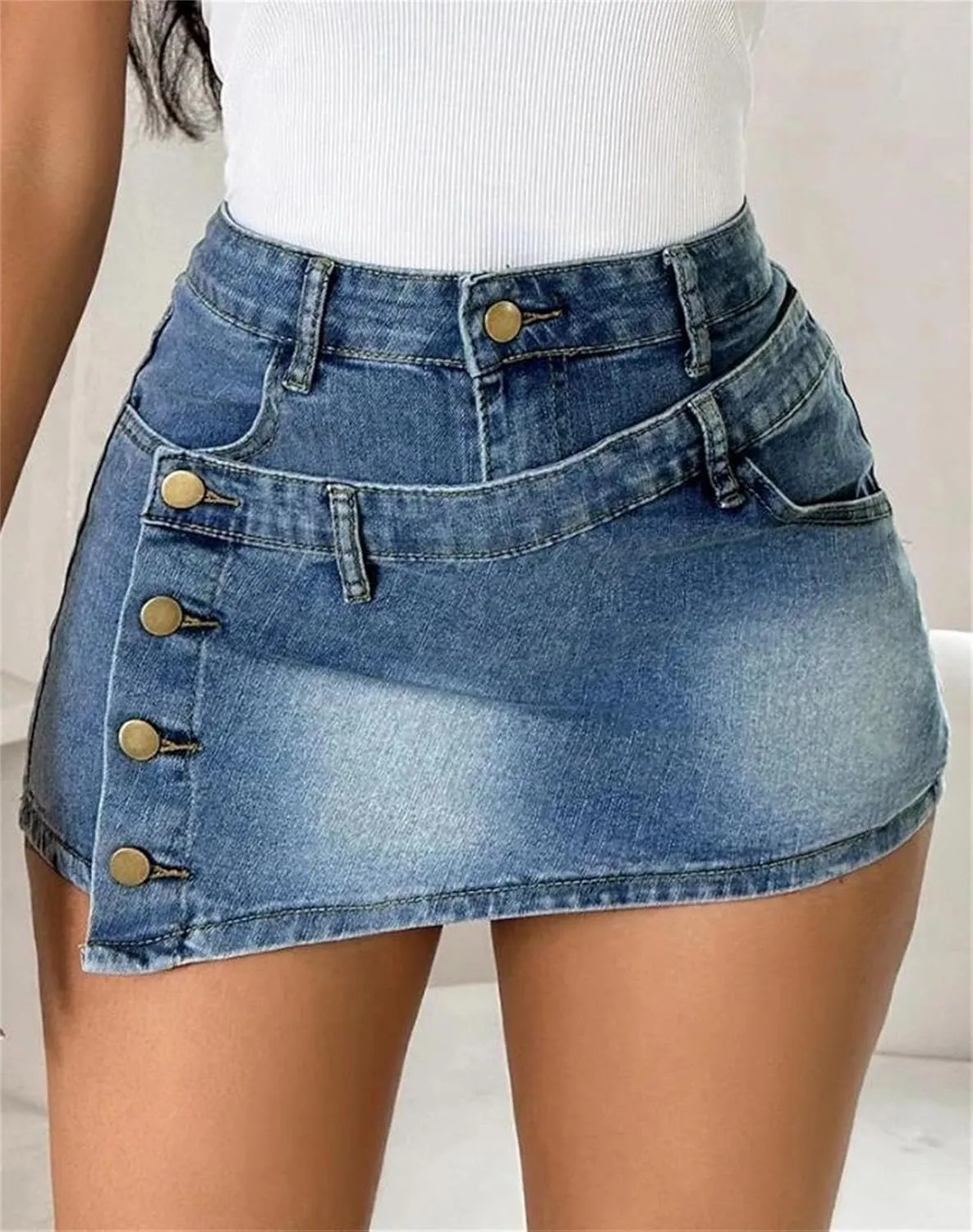 Women's High Waisted A Line Spliced Denim Skirt Pants Washed Distressed Singlebreasted Retro Denim Shorts