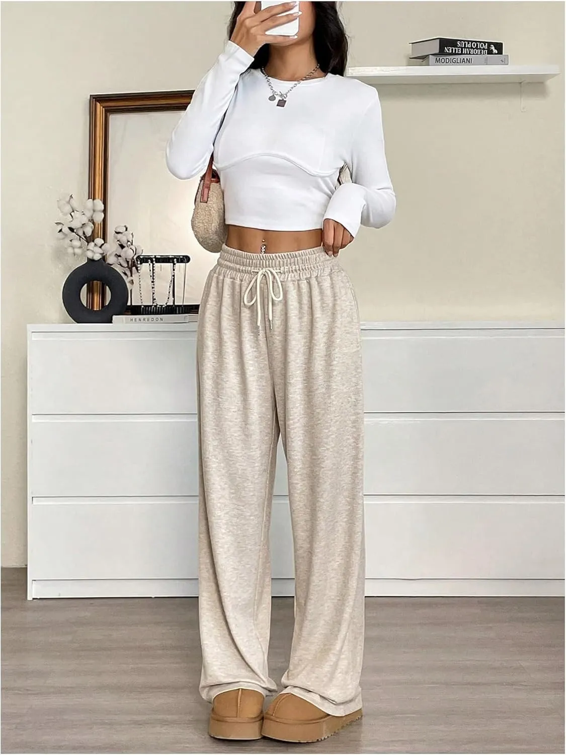 Women's High Waisted Baggy Sweatpants Drawstring Waist Wide Leg Jogger Pants Trousers