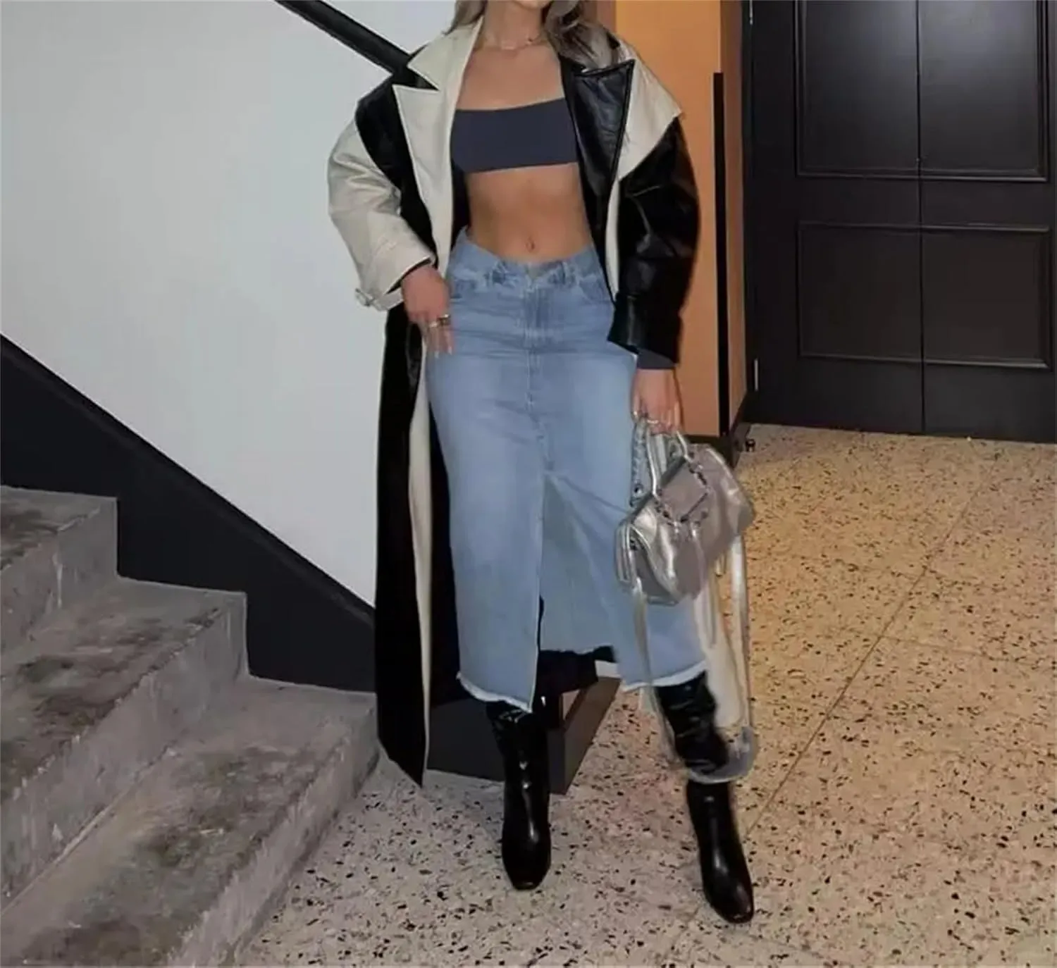 Women's High Waisted Front Slit Denim Skirt Y2K Korean Style Vintage Skirts Midi Jeans Dress