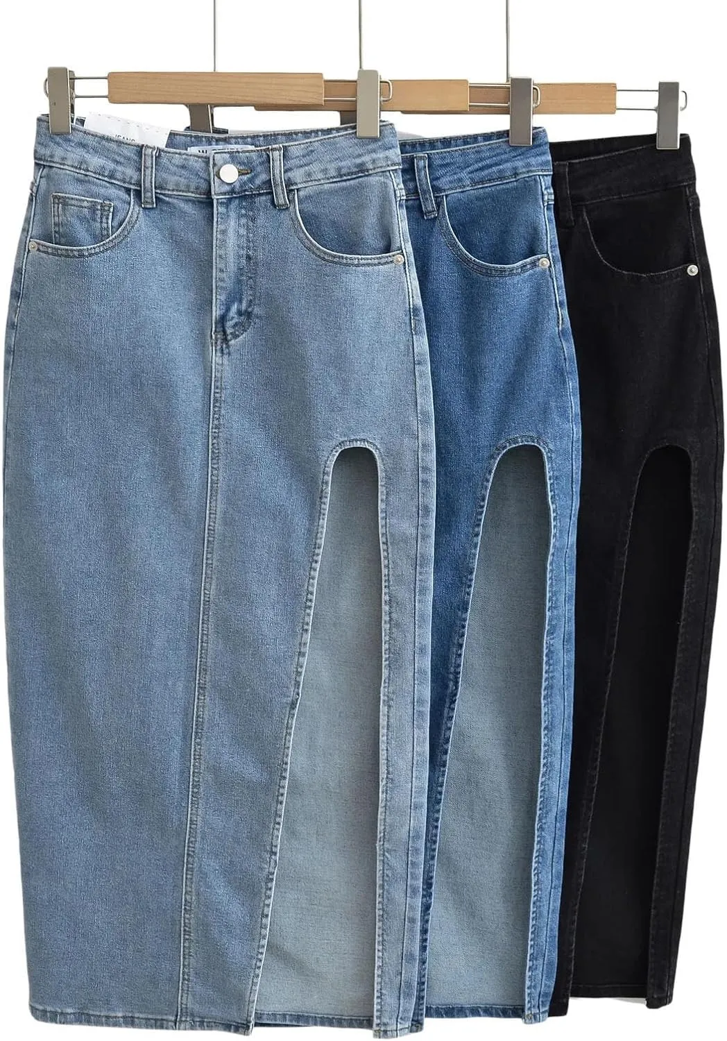 Women's High Waisted Split Thigh Sexy Denim Midi Skirt Summer Vintage Blue Jeans Skirt