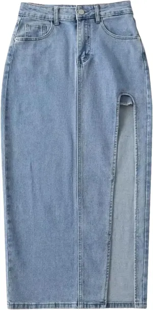Women's High Waisted Split Thigh Sexy Denim Midi Skirt Summer Vintage Blue Jeans Skirt
