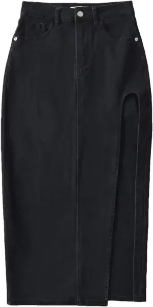 Women's High Waisted Split Thigh Sexy Denim Midi Skirt Summer Vintage Blue Jeans Skirt
