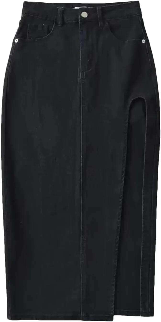 Women's High Waisted Split Thigh Sexy Denim Midi Skirt Summer Vintage Blue Jeans Skirt