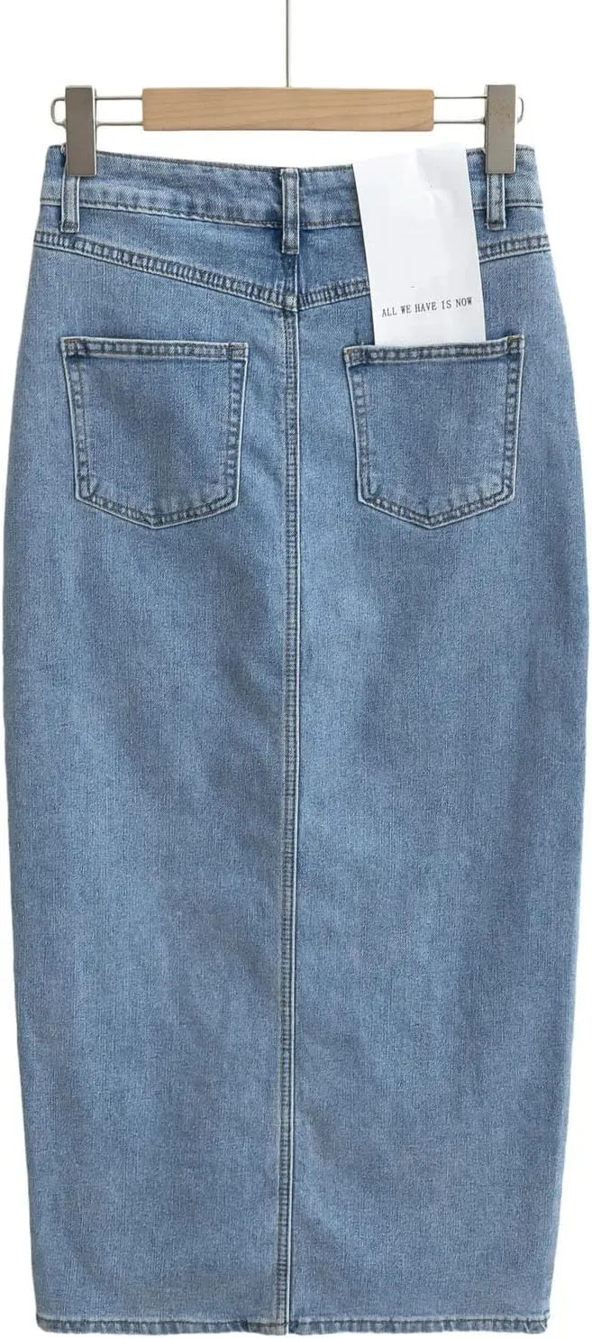 Women's High Waisted Split Thigh Sexy Denim Midi Skirt Summer Vintage Blue Jeans Skirt