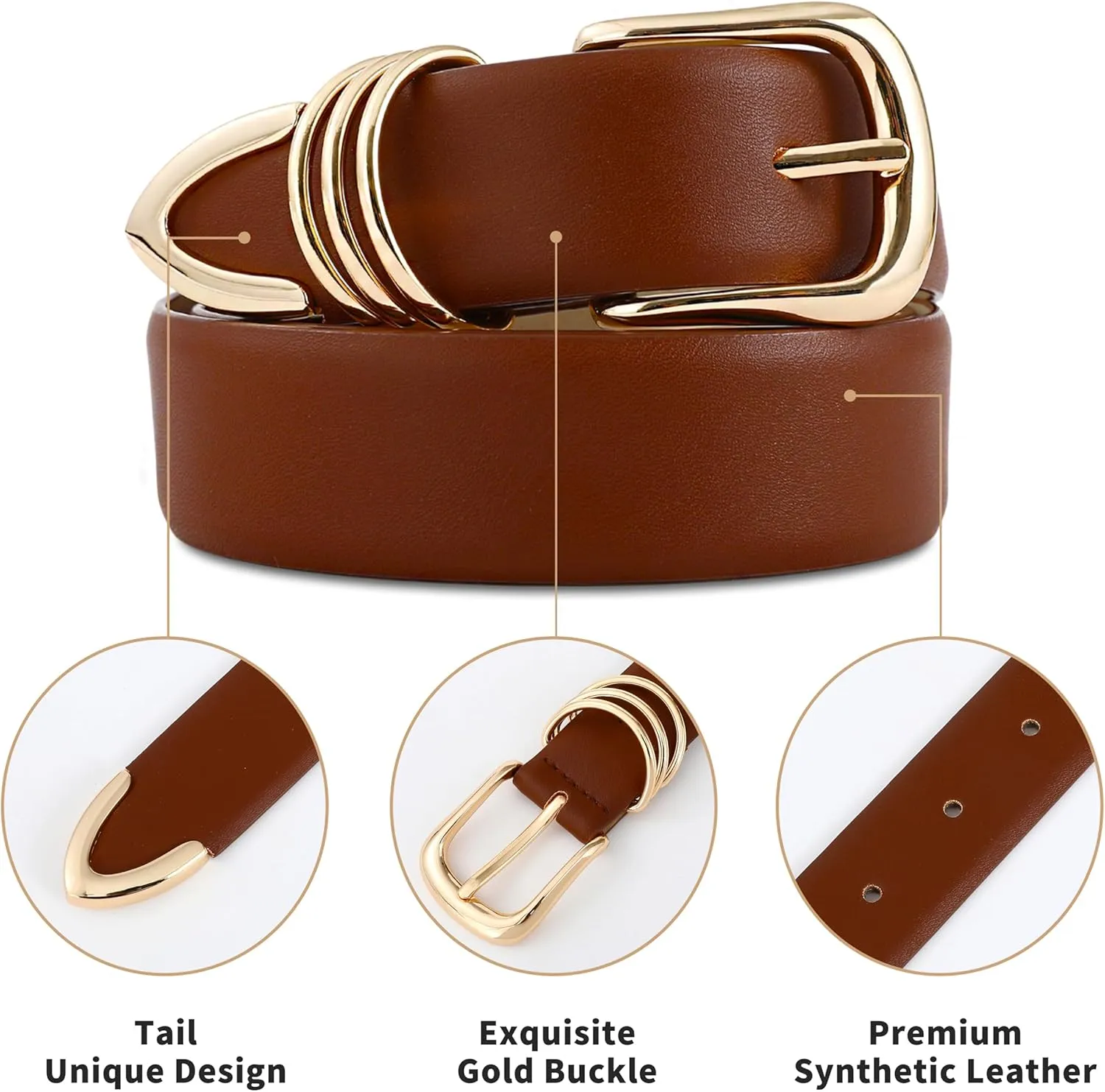 Women's Leather Belts with Gold Buckle Fashion Leather Waist Belt Elegant Ladies Belts for Jeans Dress & Casual Wear