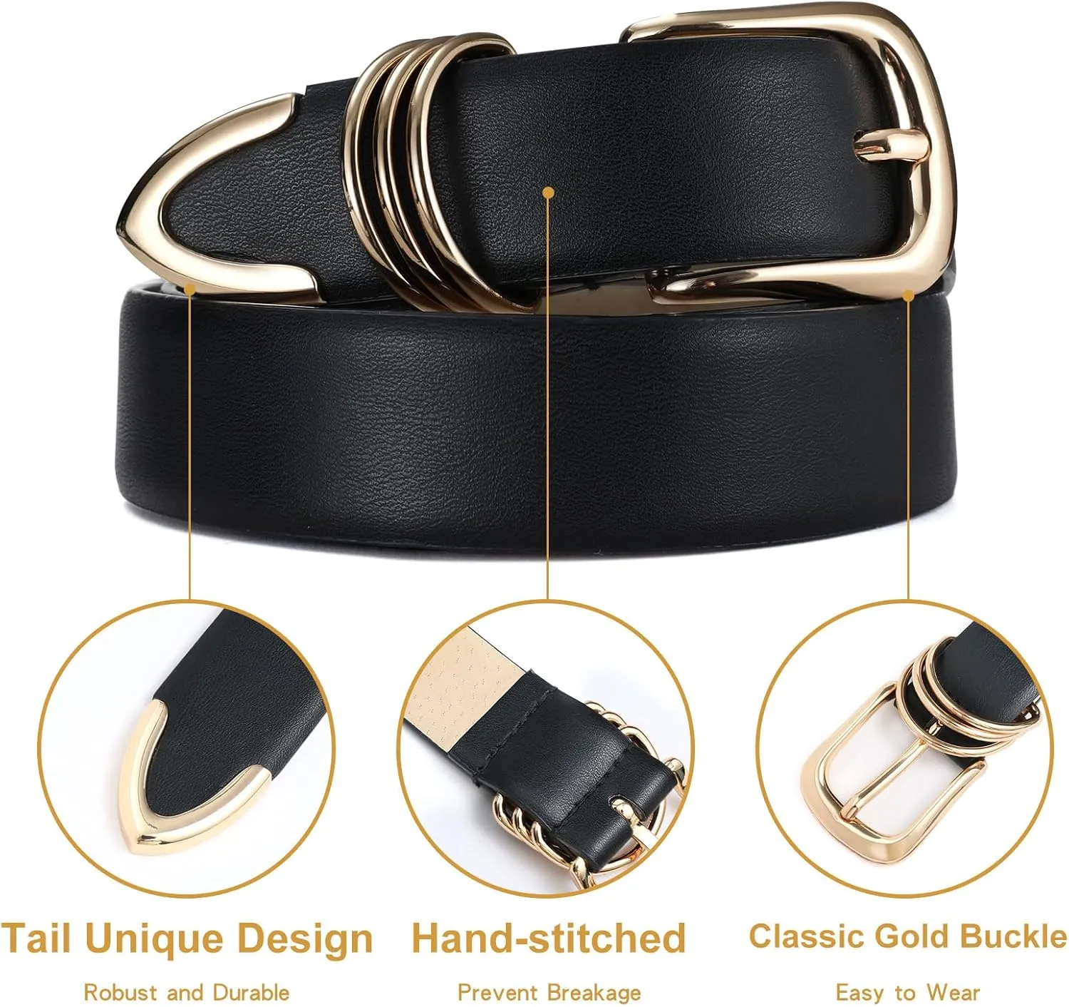 Women's Leather Belts with Gold Buckle Fashion Leather Waist Belt Elegant Ladies Belts for Jeans Dress & Casual Wear