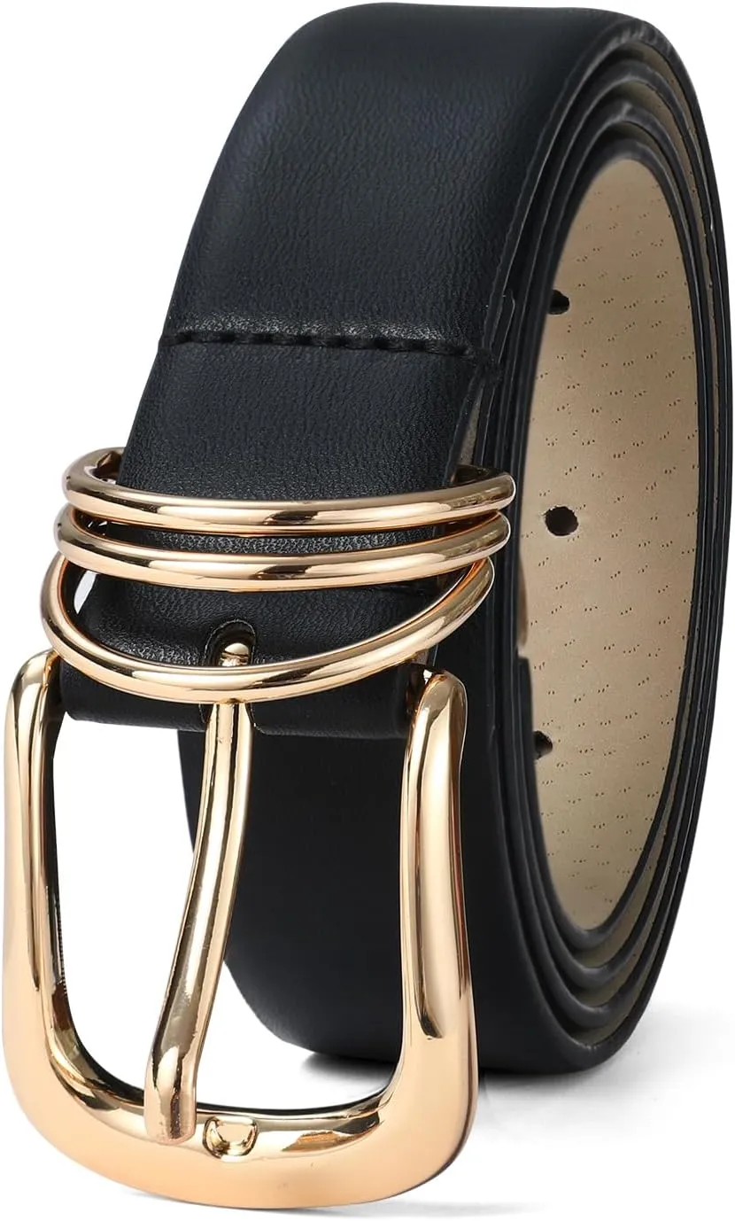 Women's Leather Belts with Gold Buckle Fashion Leather Waist Belt Elegant Ladies Belts for Jeans Dress & Casual Wear