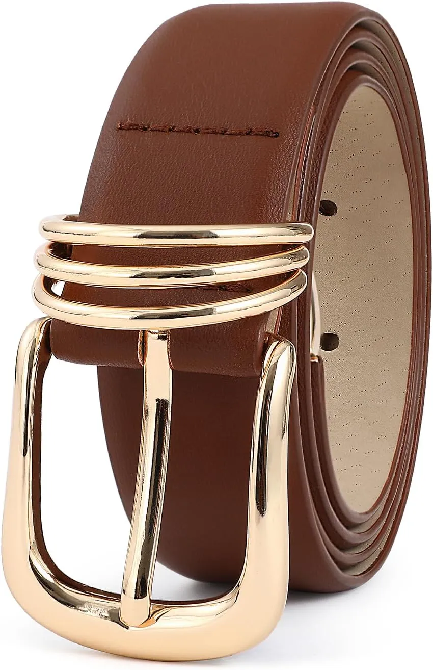 Women's Leather Belts with Gold Buckle Fashion Leather Waist Belt Elegant Ladies Belts for Jeans Dress & Casual Wear
