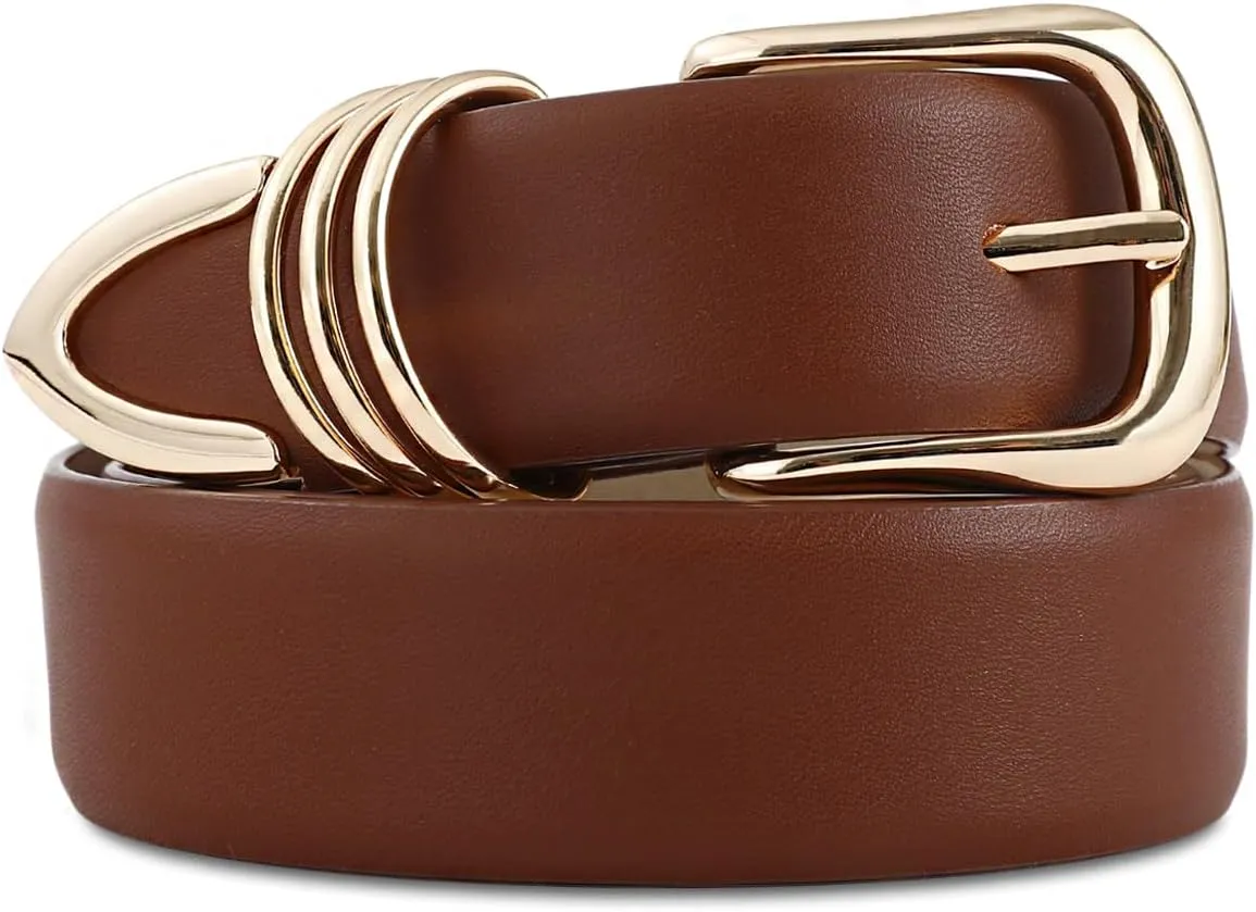 Women's Leather Belts with Gold Buckle Fashion Leather Waist Belt Elegant Ladies Belts for Jeans Dress & Casual Wear