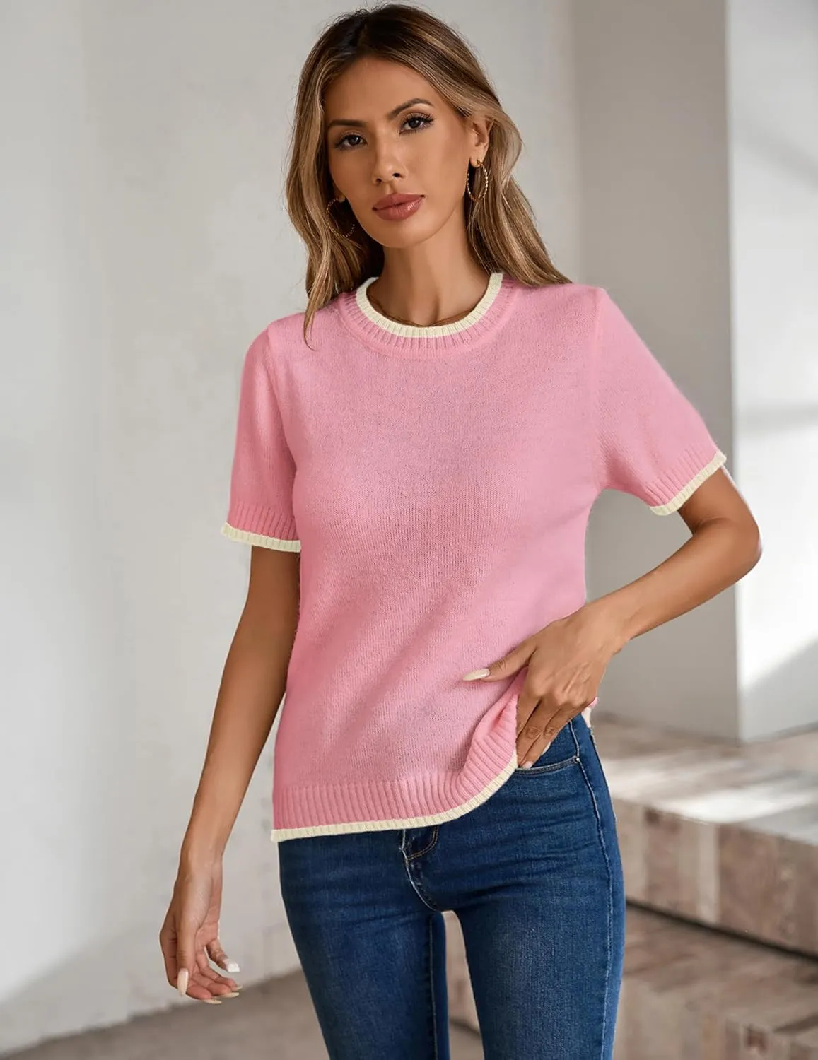 Womens Lightweight Cute Short Sleeve Sweater Spring 2025 Trendy Outfits Crewneck Thin Sheer Knit T-Shirt Tops