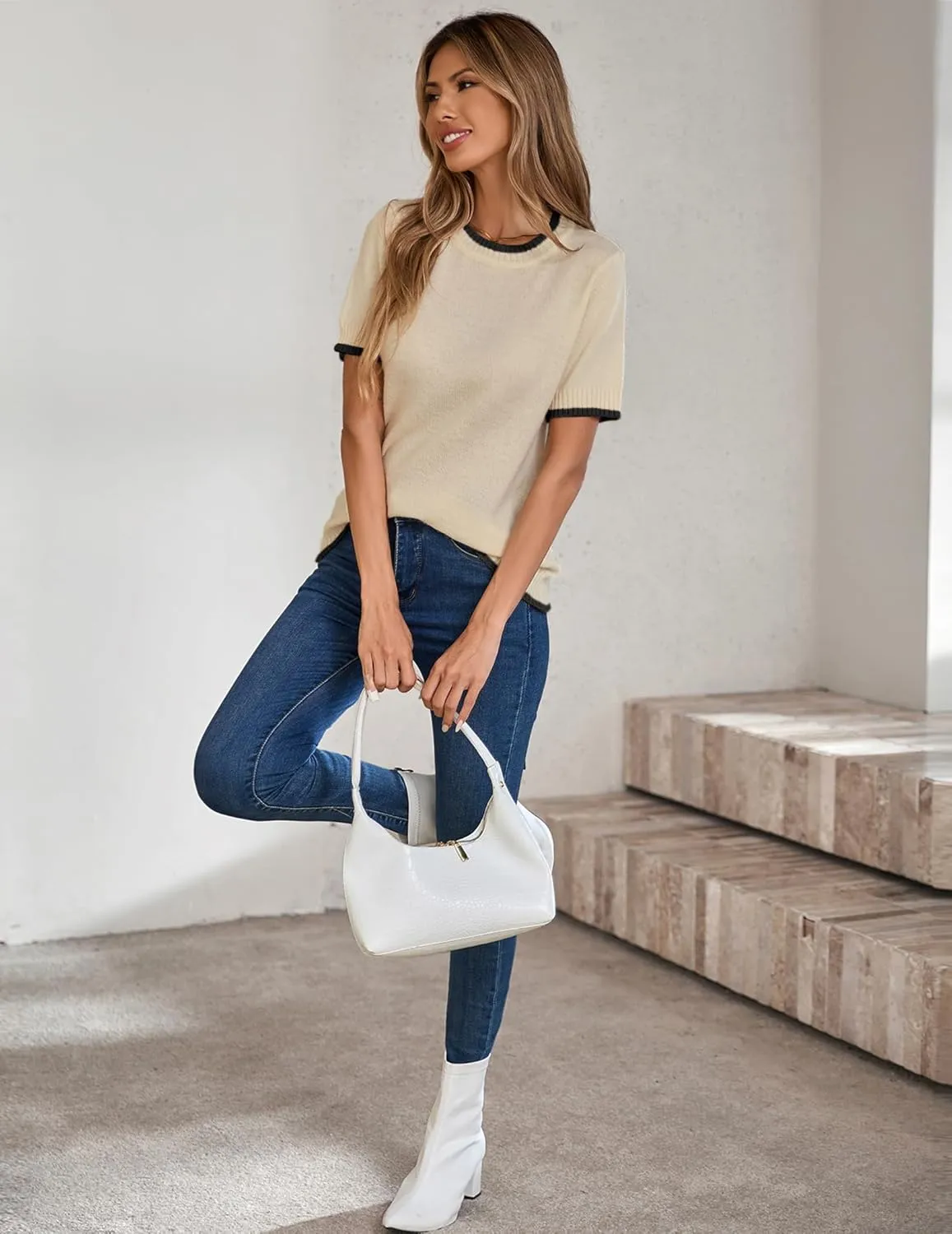 Womens Lightweight Cute Short Sleeve Sweater Spring 2025 Trendy Outfits Crewneck Thin Sheer Knit T-Shirt Tops