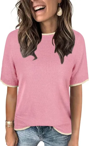 Womens Lightweight Cute Short Sleeve Sweater Spring 2025 Trendy Outfits Crewneck Thin Sheer Knit T-Shirt Tops