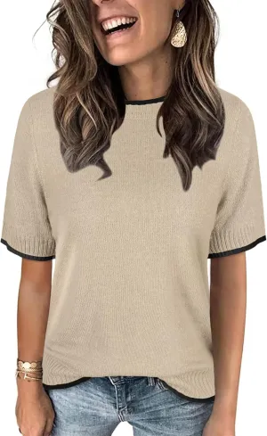 Womens Lightweight Cute Short Sleeve Sweater Spring 2025 Trendy Outfits Crewneck Thin Sheer Knit T-Shirt Tops